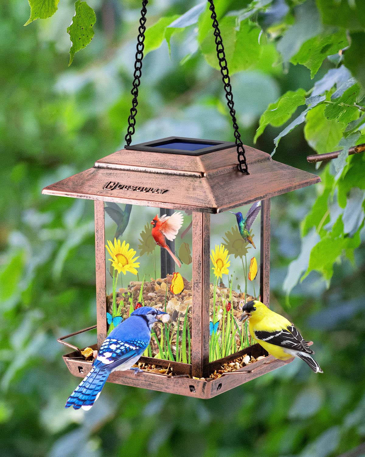 DesGully Bird Feeders for Outdoors Hanging - 2.5 LBs Wild Birds Metal Solar Bird Feeder for Outside Gift Ideas for Bird Lovers Garden Yard Bird Seeds (Chew-Proof,Weather Resistance)