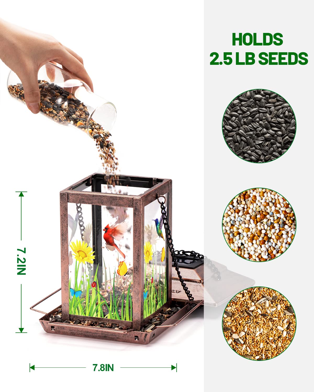 DesGully Bird Feeders for Outdoors Hanging - 2.5 LBs Wild Birds Metal Solar Bird Feeder for Outside Gift Ideas for Bird Lovers Garden Yard Bird Seeds (Chew-Proof,Weather Resistance)