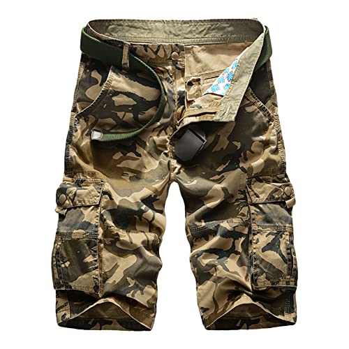 Men's Camo Cotton Cargo Shorts Camouflage Relaxed Fit Multi Pockets Short Casual Lightweight Military Short Pants (Khaki,29)