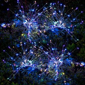 mopha solar garden lights, 4 pack 105 led solar lights outdoor waterproof, 2 mode solar firework lights decorative with high flexibility copper wire, for outdoor, patio, yard & garden decor, colorful
