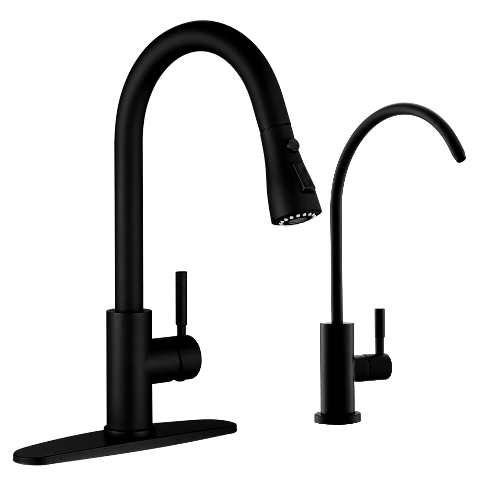 Black Kitchen Faucet, Kitchen Faucets with Pull Down Sprayer WEWE Commercial Stainless Steel Single Handle Single Hole Kitchen Sink Faucet with RO Faucet