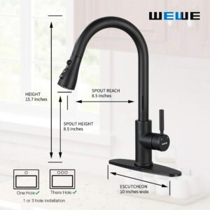 Black Kitchen Faucet, Kitchen Faucets with Pull Down Sprayer WEWE Commercial Stainless Steel Single Handle Single Hole Kitchen Sink Faucet with RO Faucet