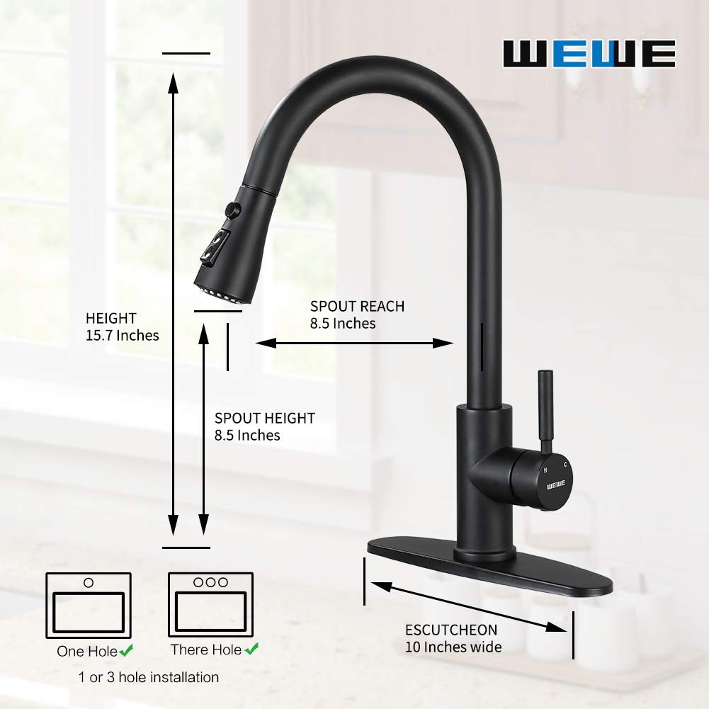 Black Kitchen Faucet, Kitchen Faucets with Pull Down Sprayer WEWE Commercial Stainless Steel Single Handle Single Hole Kitchen Sink Faucet with RO Faucet