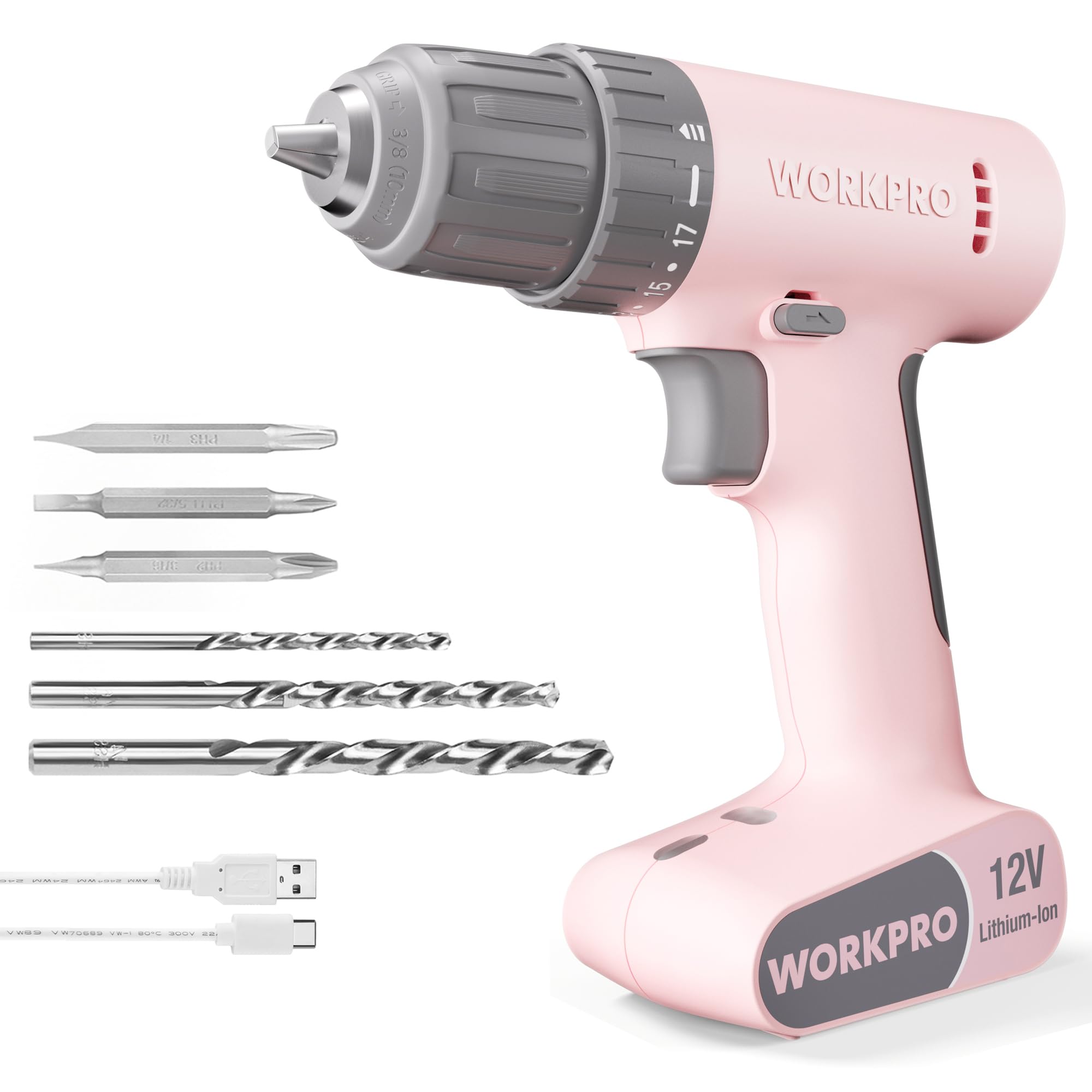 WORKPRO Pink Cordless Drill Driver Set, 12V Electric Power Drill Tool Kit with 6 Pcs Bits, 3/8-Inch Keyless Chuck, Variable Speed, 18 Touque Setting, Type-C Charge Cable, Led Light, Pink Ribbon