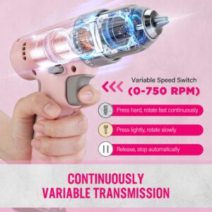 WORKPRO Pink Cordless Drill Driver Set, 12V Electric Power Drill Tool Kit with 6 Pcs Bits, 3/8-Inch Keyless Chuck, Variable Speed, 18 Touque Setting, Type-C Charge Cable, Led Light, Pink Ribbon