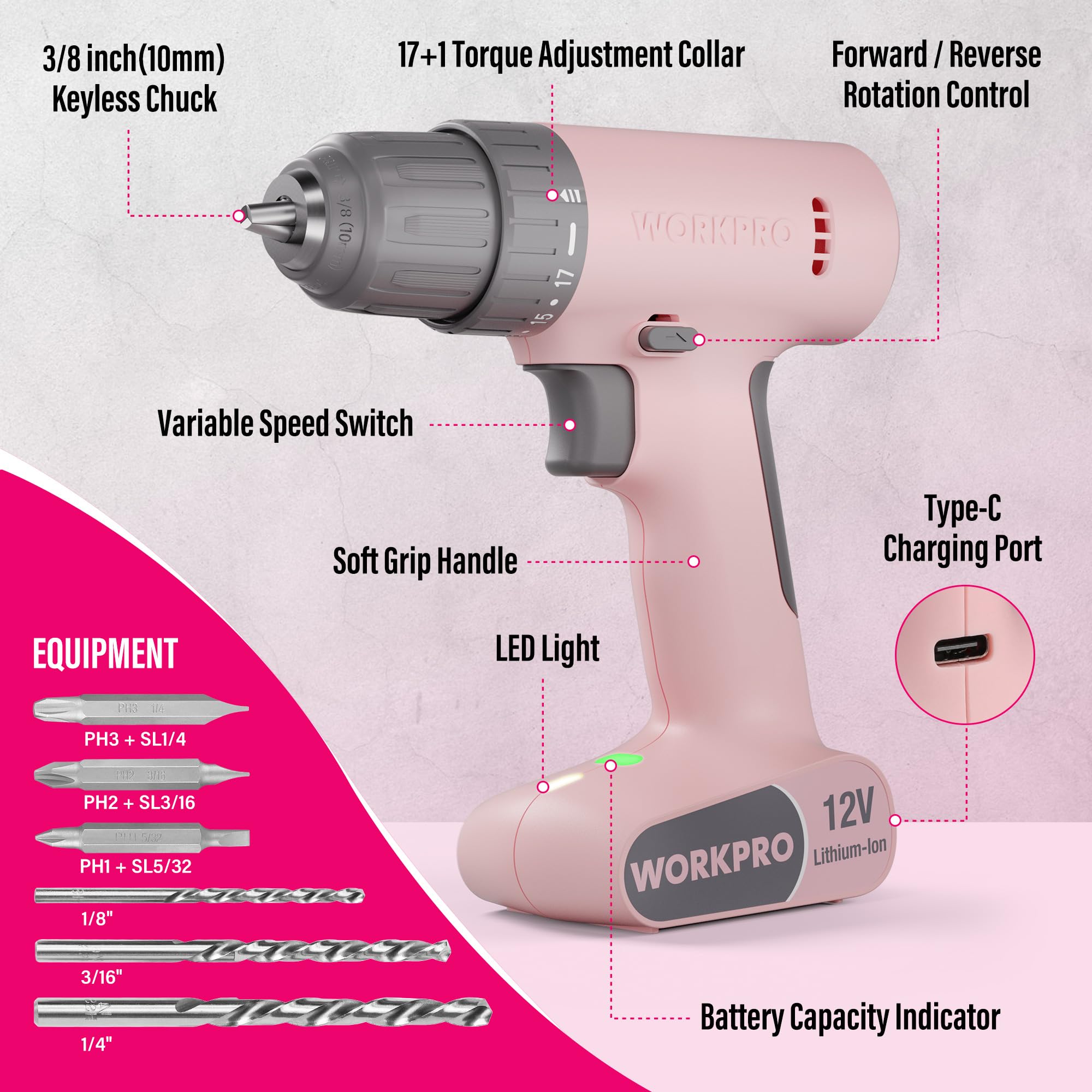 WORKPRO Pink Cordless Drill Driver Set, 12V Electric Power Drill Tool Kit with 6 Pcs Bits, 3/8-Inch Keyless Chuck, Variable Speed, 18 Touque Setting, Type-C Charge Cable, Led Light, Pink Ribbon