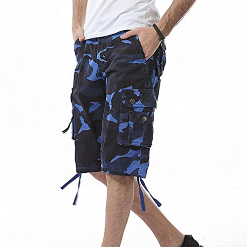 Men Relaxed Fit Camo Cargo Shorts Camouflage Multi Pockets Outdoor Short Pants Lightweight Loose Military Short (Blue,31)