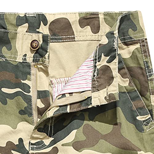 Men Camo Cotton Cargo Shorts Camouflage Outdoor Multi Pockets Short Relaxed Fit Lightweight Military Short Pants (Khaki,32)