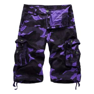 men relaxed fit camo cargo shorts camouflage multi pockets outdoor short pants lightweight loose military short (purple,30)