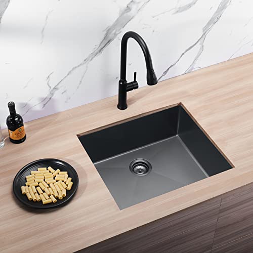 MELANSTAR Drop in Kitchen Sink Single Bowl Stainless Steel Satin Polish and Brushed Finish with Sink Strainer Waste Basket and Bottom Grid, 25" x 22" x 9", 16 Gauge Black