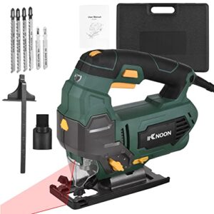 jigsaw, kknoon 6.5 amp 3000 spm jig saw with laser, 800w pure copper motor, 6 variable speed, 6 replacement blades, ±45° bevel cutting, 4 orbital settings, with tool case