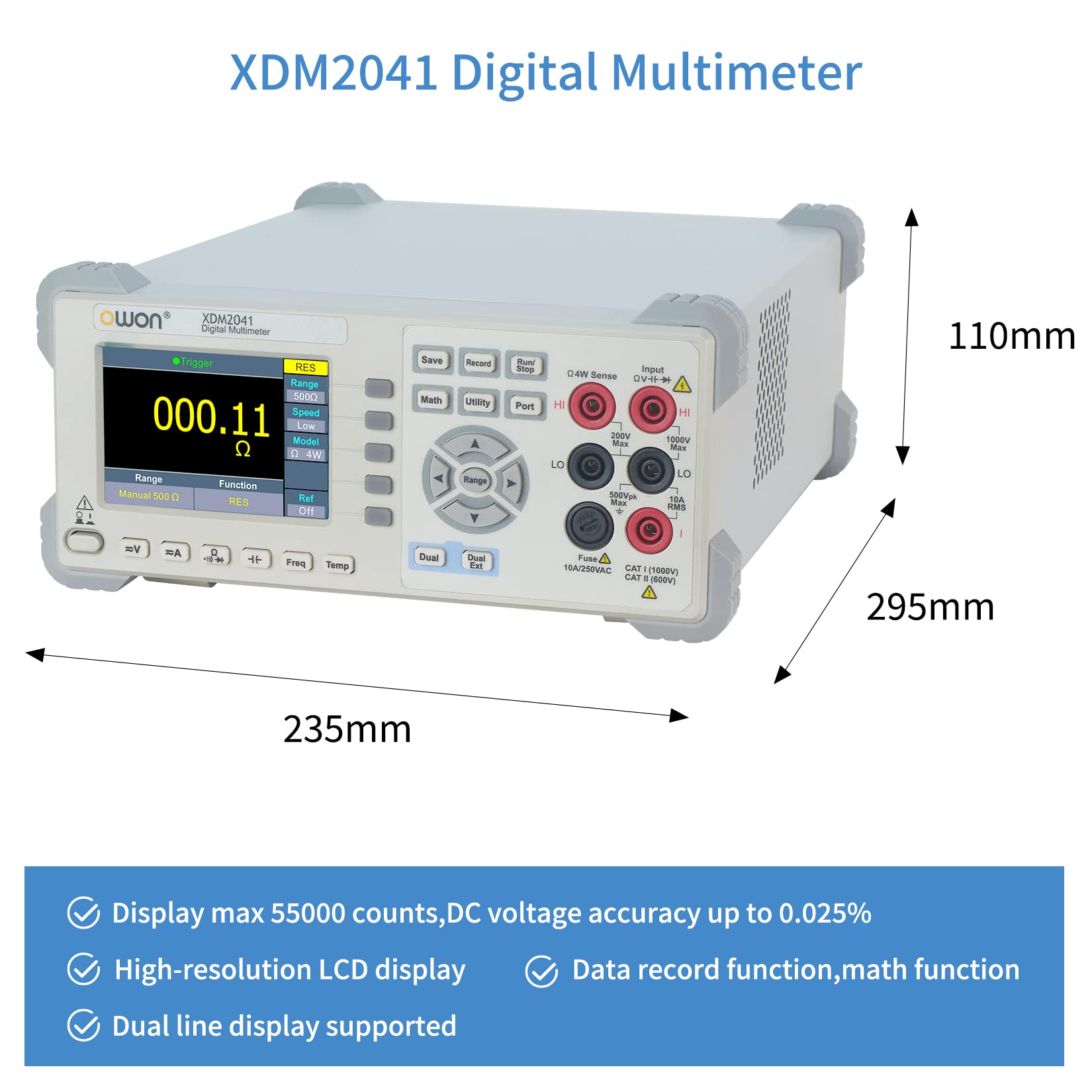 OWON XDM2041 Digital Multimeter with 3.7 inch (480x320) high Resolution LCD, 55000 Counts True RMS AC Voltage/Current Measurement,Support SCPI and Dual line Display Up to 65 Readings per Second