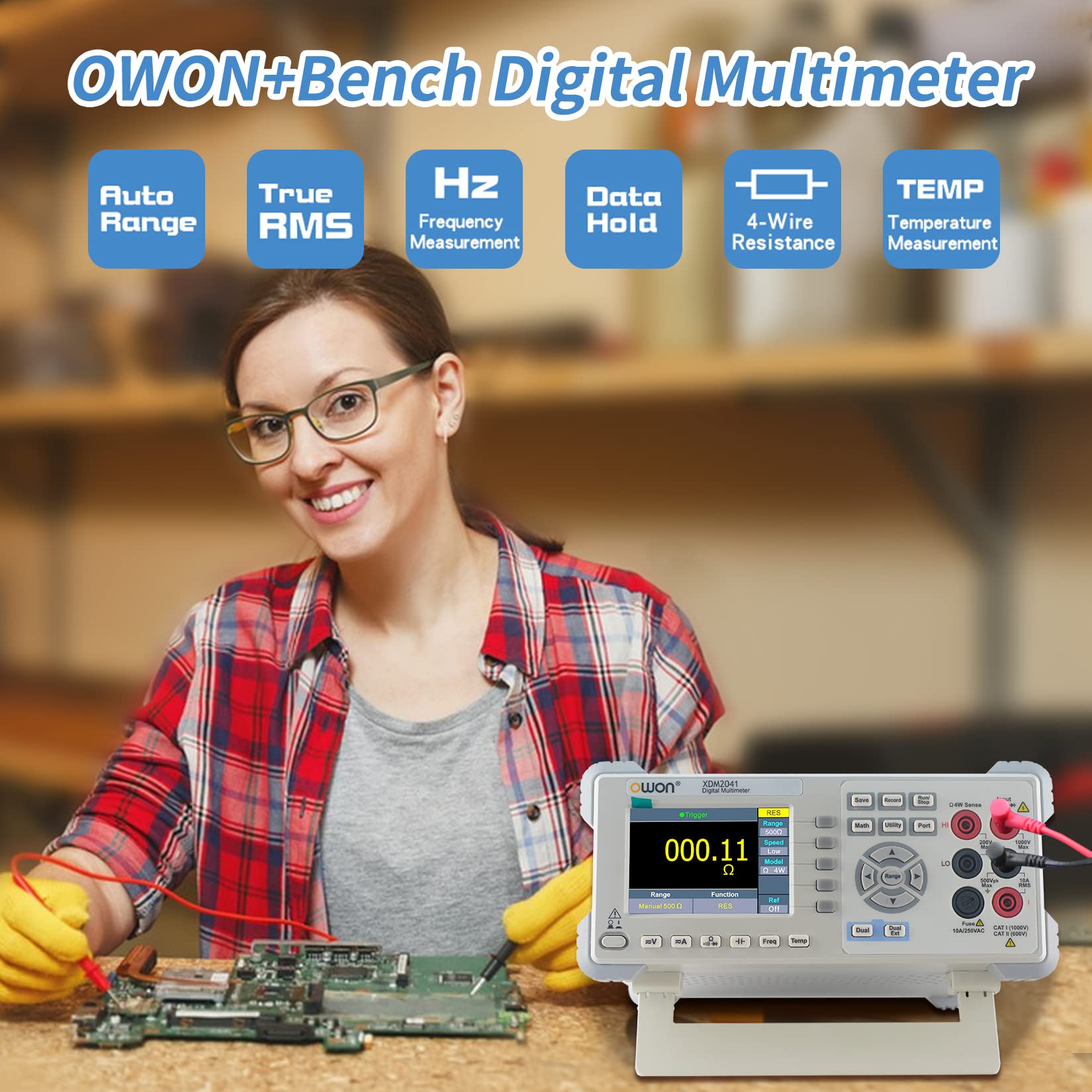 OWON XDM2041 Digital Multimeter with 3.7 inch (480x320) high Resolution LCD, 55000 Counts True RMS AC Voltage/Current Measurement,Support SCPI and Dual line Display Up to 65 Readings per Second