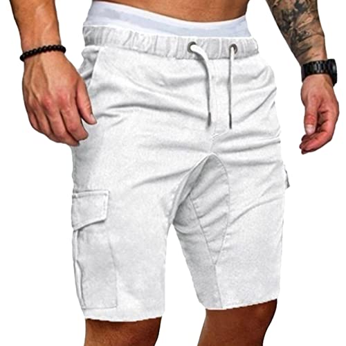 Men's Elastic Waist Multi Pockets Shorts Lightweight Military Cargo Short Pants Drawstring Relaxed Fit Army Short (White,X-Large)