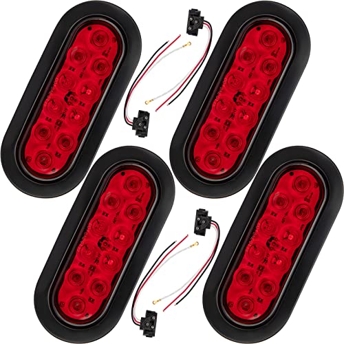 TOPEND 6 Inch Red Oval Led Trailer Tail Light 4PCS for RV Truck Jeep - Stop/Turn/Tail Light Marine Waterproof - Including 3-pin Water Tight Plug DOT/SAE with Wires and Grommet