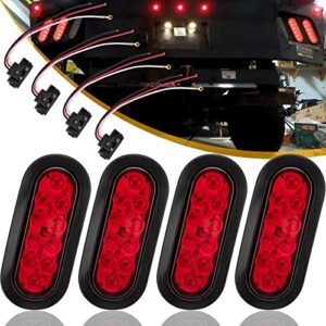 topend 6 inch red oval led trailer tail light 4pcs for rv truck jeep - stop/turn/tail light marine waterproof - including 3-pin water tight plug dot/sae with wires and grommet