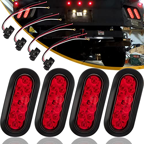 TOPEND 6 Inch Red Oval Led Trailer Tail Light 4PCS for RV Truck Jeep - Stop/Turn/Tail Light Marine Waterproof - Including 3-pin Water Tight Plug DOT/SAE with Wires and Grommet