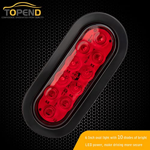 TOPEND 6 Inch Red Oval Led Trailer Tail Light 4PCS for RV Truck Jeep - Stop/Turn/Tail Light Marine Waterproof - Including 3-pin Water Tight Plug DOT/SAE with Wires and Grommet