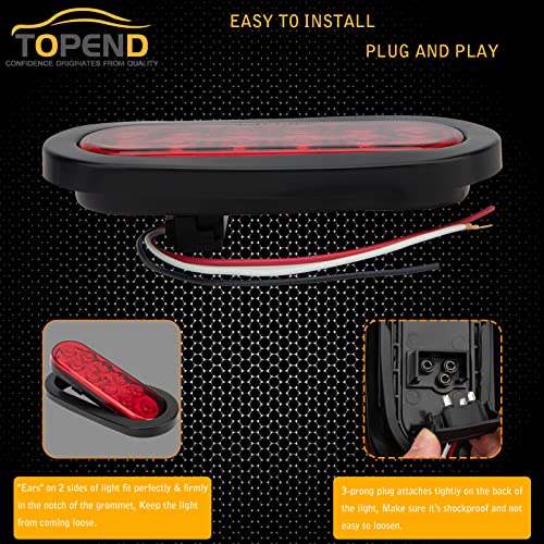 TOPEND 6 Inch Red Oval Led Trailer Tail Light 4PCS for RV Truck Jeep - Stop/Turn/Tail Light Marine Waterproof - Including 3-pin Water Tight Plug DOT/SAE with Wires and Grommet