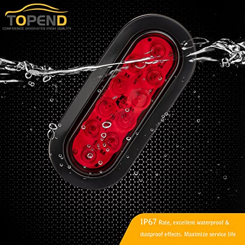 TOPEND 6 Inch Red Oval Led Trailer Tail Light 4PCS for RV Truck Jeep - Stop/Turn/Tail Light Marine Waterproof - Including 3-pin Water Tight Plug DOT/SAE with Wires and Grommet