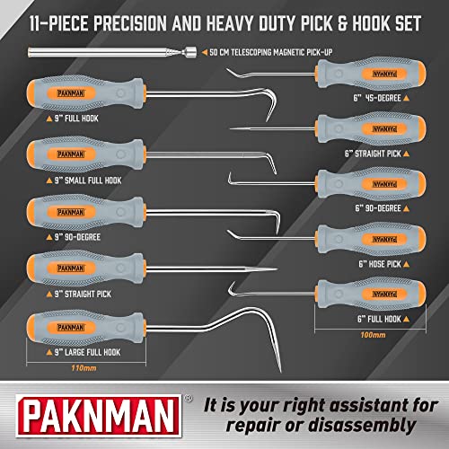 PAKNMAN 11-Piece Precision Pick and Hook Set, Heavy Duty Pick & Hook Set for Automotive