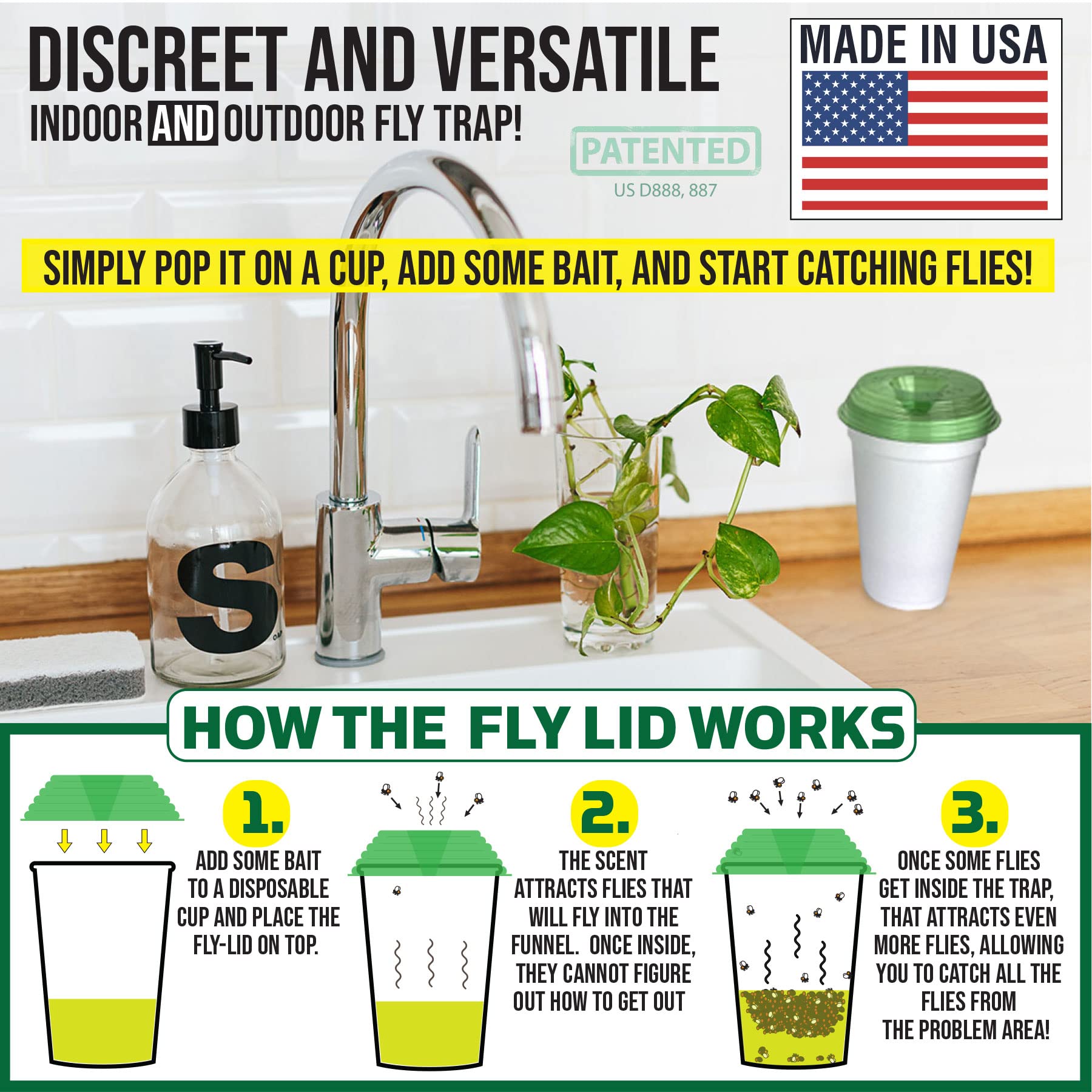 Billy-Bob Fly Lid Combo- Indoor Outdoor Eco Friendly Fly Control Pack - Includes 6 Fly-Lids (3-2 Packs) for Disposable Cups and 2 Fly-Lids for 5 Gallon Buckets