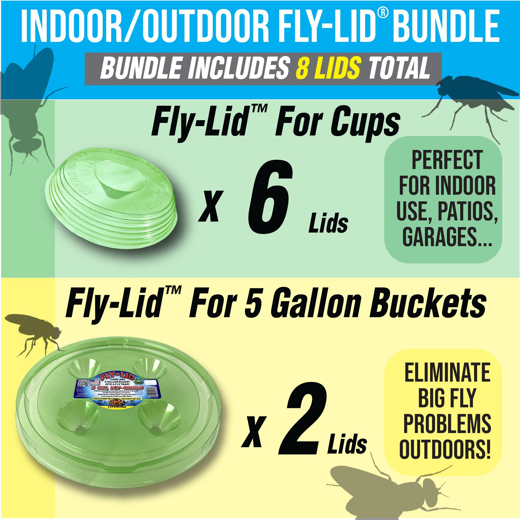 Billy-Bob Fly Lid Combo- Indoor Outdoor Eco Friendly Fly Control Pack - Includes 6 Fly-Lids (3-2 Packs) for Disposable Cups and 2 Fly-Lids for 5 Gallon Buckets