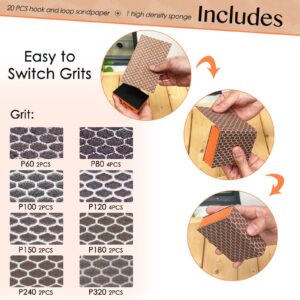 S&X Sanding Sponge Set 20-Pack of Hook and Loop Sandpaper Interchangeable 8 Assorted Grits - Wet and Dry, Anti-Clogging, Durable (20)