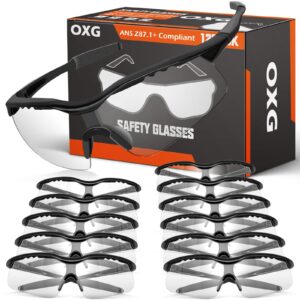 oxg 12 pack safety goggles, ansi z87.1+ impact resistant anti-scartch safety glasses for men women youth (clear lens, black frame) standard
