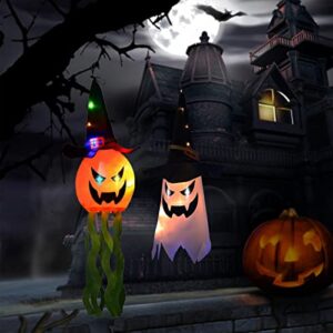 hanging halloween decorations outdoor - 2 pack halloween decorations lights glowing pumpkin & ghost witch hat ornaments for party indoor outside yard patio lawn garden halloween decor