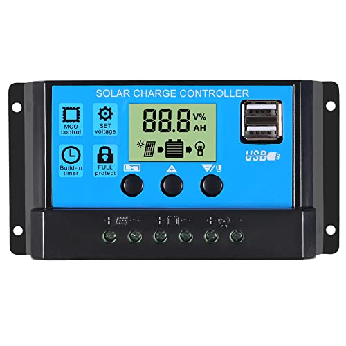 30A Solar Charge Controller 12V/ 24V Solar Panel Charge Controller Intelligent Regulator with 5V Dual USB Port Display Adjustable Parameter LCD Display and Timer Setting ON/Off Hours (1)