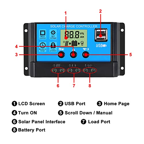 30A Solar Charge Controller 12V/ 24V Solar Panel Charge Controller Intelligent Regulator with 5V Dual USB Port Display Adjustable Parameter LCD Display and Timer Setting ON/Off Hours (1)