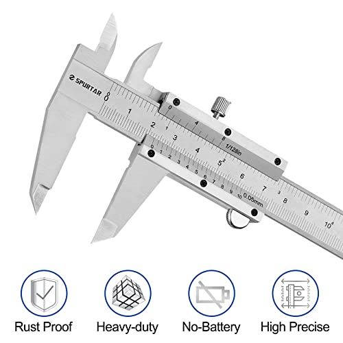 Spurtar Stainless Steel Vernier Caliper 6 inch / 150mm Caliper Measuring Tool 1/128in 0.05mm High Precision Manual Caliper Pie de Rey - Calipers Non Digital