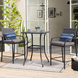 joivi 3 piece patio bar set, outdoor wicker counter height bar stools and wood top table set for 2 people, bar height table bistro set with 2 bar chairs and cushions for backyard, balcony