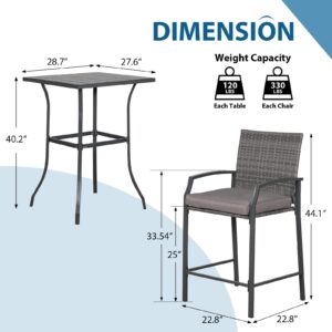 JOIVI 3 Piece Patio Bar Set, Outdoor Wicker Counter Height Bar Stools and Wood Top Table Set for 2 People, Bar Height Table Bistro Set with 2 Bar Chairs and Cushions for Backyard, Balcony