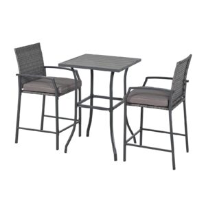 JOIVI 3 Piece Patio Bar Set, Outdoor Wicker Counter Height Bar Stools and Wood Top Table Set for 2 People, Bar Height Table Bistro Set with 2 Bar Chairs and Cushions for Backyard, Balcony
