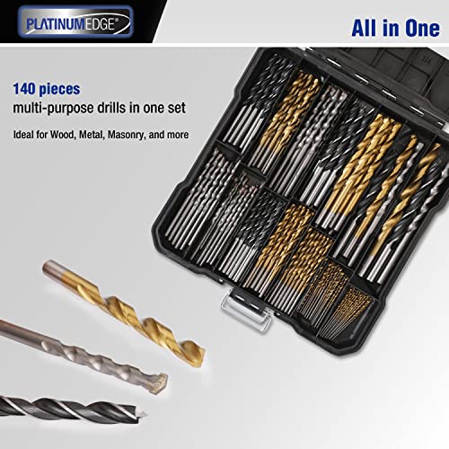 PLATINUMEDGE 140PC Multi-Purpose Drill Bits Set, 88PC Titanium Twist Drill Bits 26 Pieces Masonry Drill Bits 26 Pc Brad Point Drill Bits, with Hard Storage Case, for Wood, Metal, Masonry, etc.