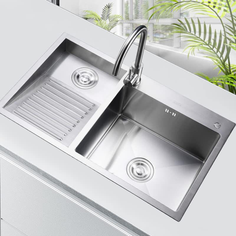 Laundry Utility Sink With Washboard Stainless Steel Kitchen Sink with Faucet Household Pool Balcony Room Wash Basin Easy Clean Double-Bowl, 700mm/27.5Inch