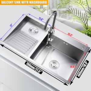 Laundry Utility Sink With Washboard Stainless Steel Kitchen Sink with Faucet Household Pool Balcony Room Wash Basin Easy Clean Double-Bowl, 700mm/27.5Inch