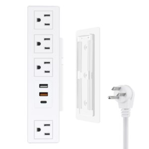 junnuj 20w usb c under desk power strip, under mount surge protector with 4 outlet desktop, adhesive wall mount strip socket table multi-outlets with 3 usb ports, 6ft cable with flat plug - black