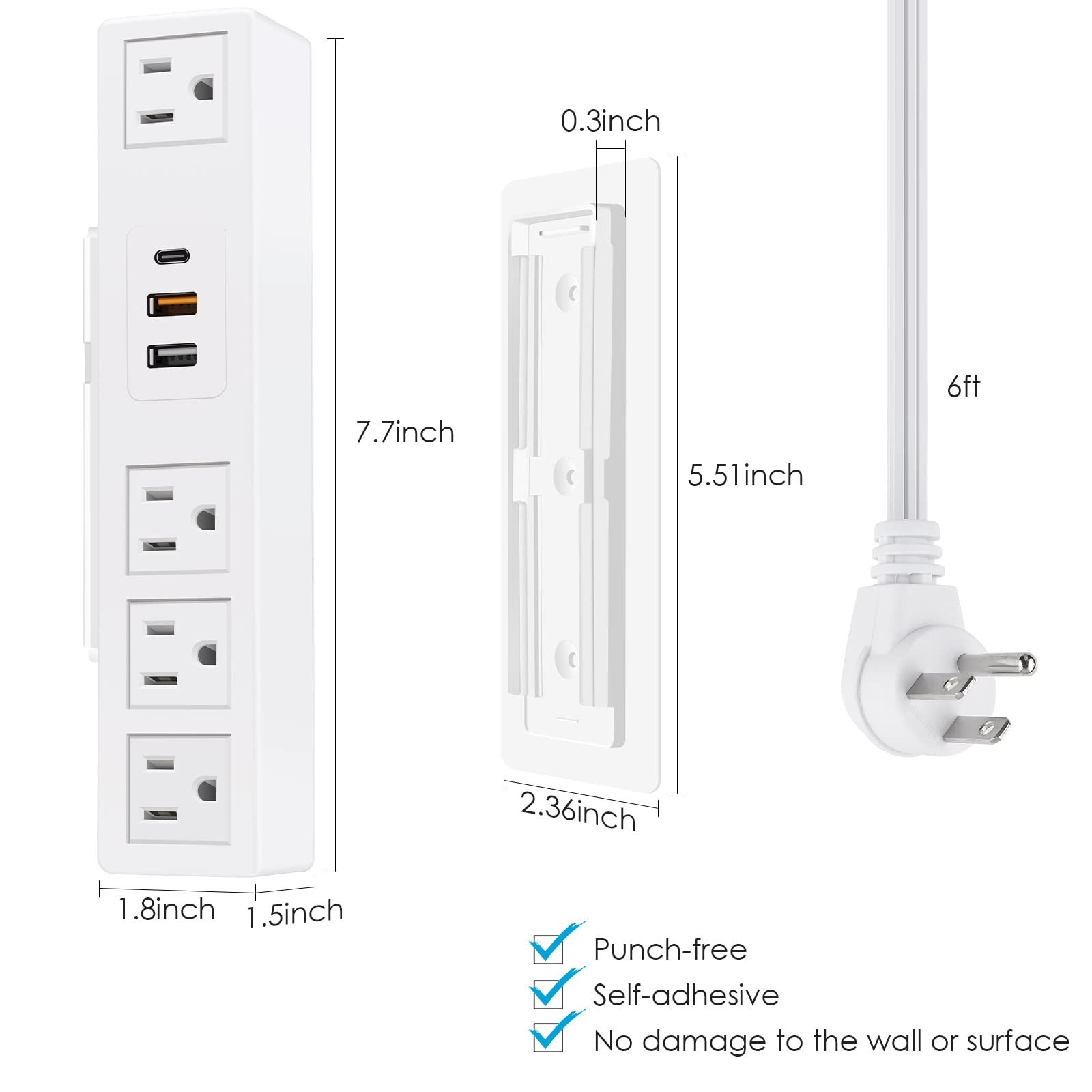 JUNNUJ 20W USB C Under Desk Power Strip, Under Mount Surge Protector with 4 Outlet Desktop, Adhesive Wall Mount Strip Socket Table Multi-Outlets with 3 USB Ports, 6FT Cable with Flat Plug - Black