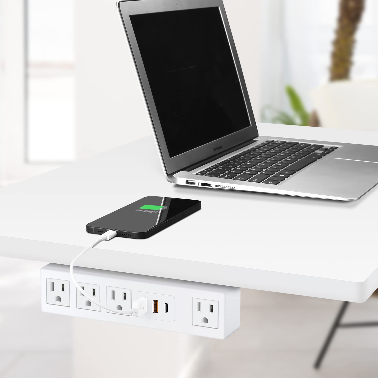 JUNNUJ 20W USB C Under Desk Power Strip, Under Mount Surge Protector with 4 Outlet Desktop, Adhesive Wall Mount Strip Socket Table Multi-Outlets with 3 USB Ports, 6FT Cable with Flat Plug - Black