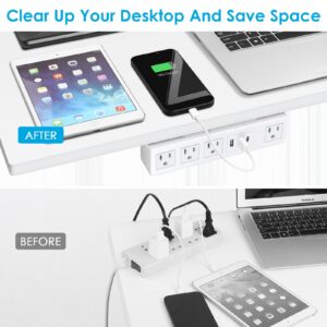 JUNNUJ 20W USB C Under Desk Power Strip, Under Mount Surge Protector with 4 Outlet Desktop, Adhesive Wall Mount Strip Socket Table Multi-Outlets with 3 USB Ports, 6FT Cable with Flat Plug - Black