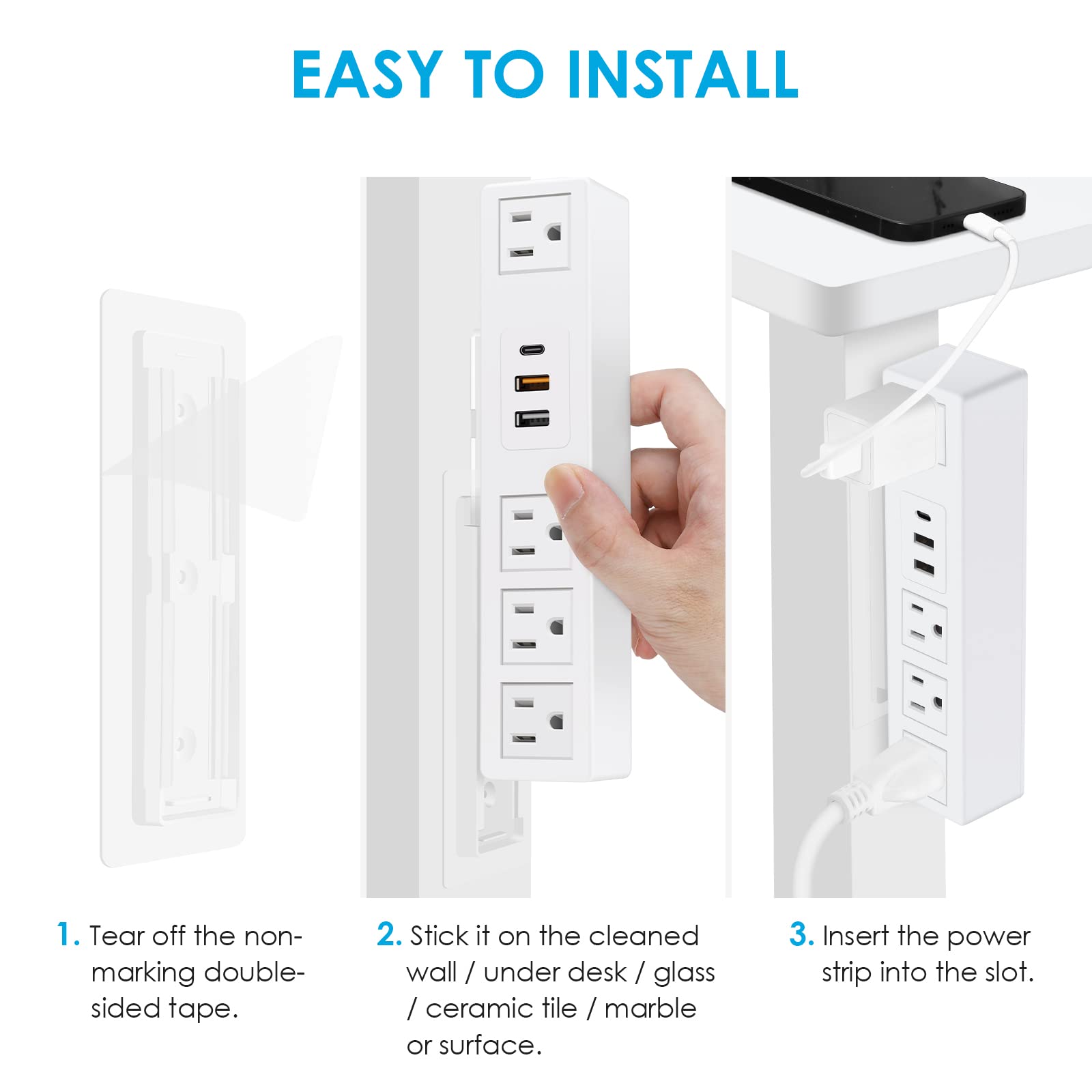 JUNNUJ 20W USB C Under Desk Power Strip, Under Mount Surge Protector with 4 Outlet Desktop, Adhesive Wall Mount Strip Socket Table Multi-Outlets with 3 USB Ports, 6FT Cable with Flat Plug - Black