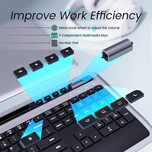 Wireless Keyboard and Mouse Combo, VEILZOR 2.4G Ergonomic Computer Keyboard and Mouse Set, Full Size Cordless USB Keyboard and Mouse Phone Holder for Mac, Laptop Tablet and Computer(Black)