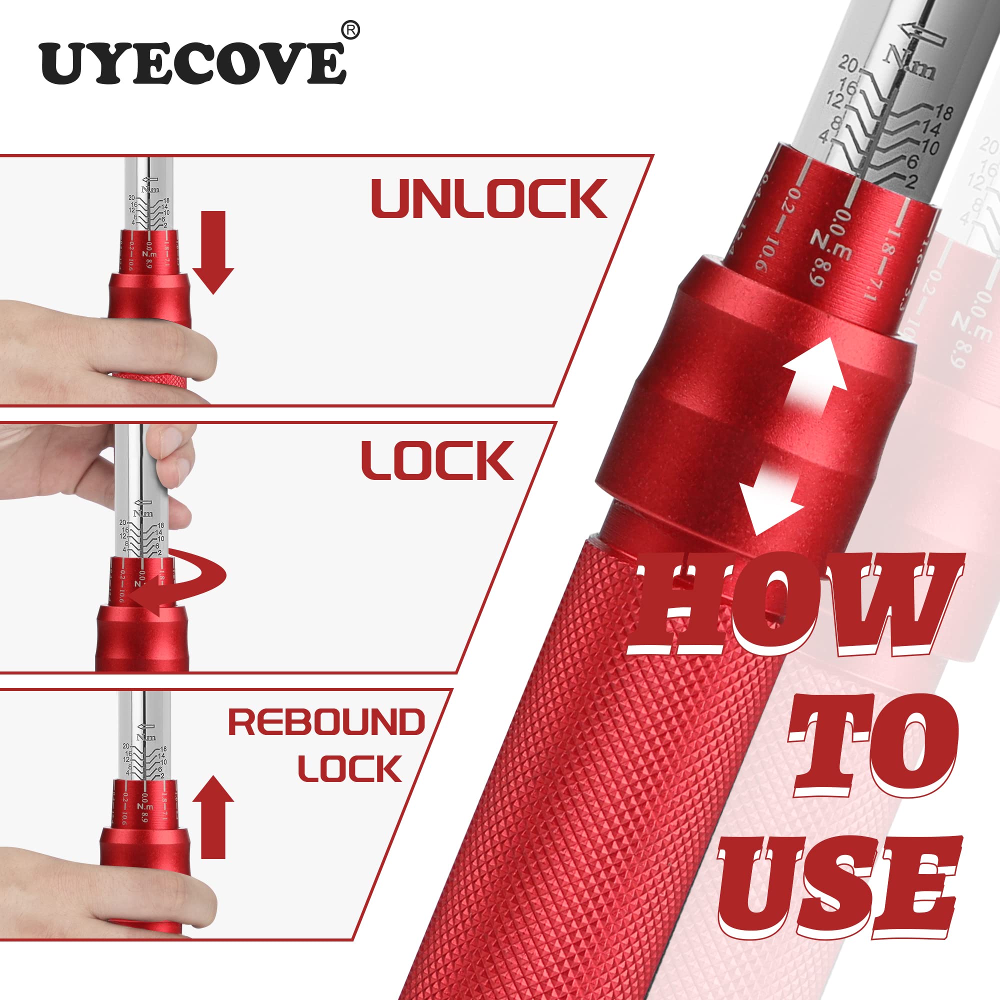 UYECOVE 1/4 Inch Drive Torque Wrench Set 2-20 Nm, 13Pcs Bike Torque Wrench, Bicycle Torque Wrench & MTB Tool Kit, with Allen Hex, Torx Sockets, Extension Bar, Red