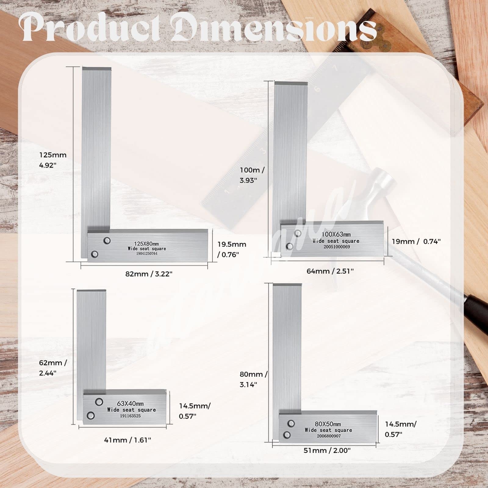 Machinist Square Set 2, 3, 4, 5 Inch, Atarvana Mechanical Steel High Precision Square, Harden Carbon Steel Engineer Square, 90 Degree Wide Base Square, L-Type Right Angle Ruler Tool for Woodworking