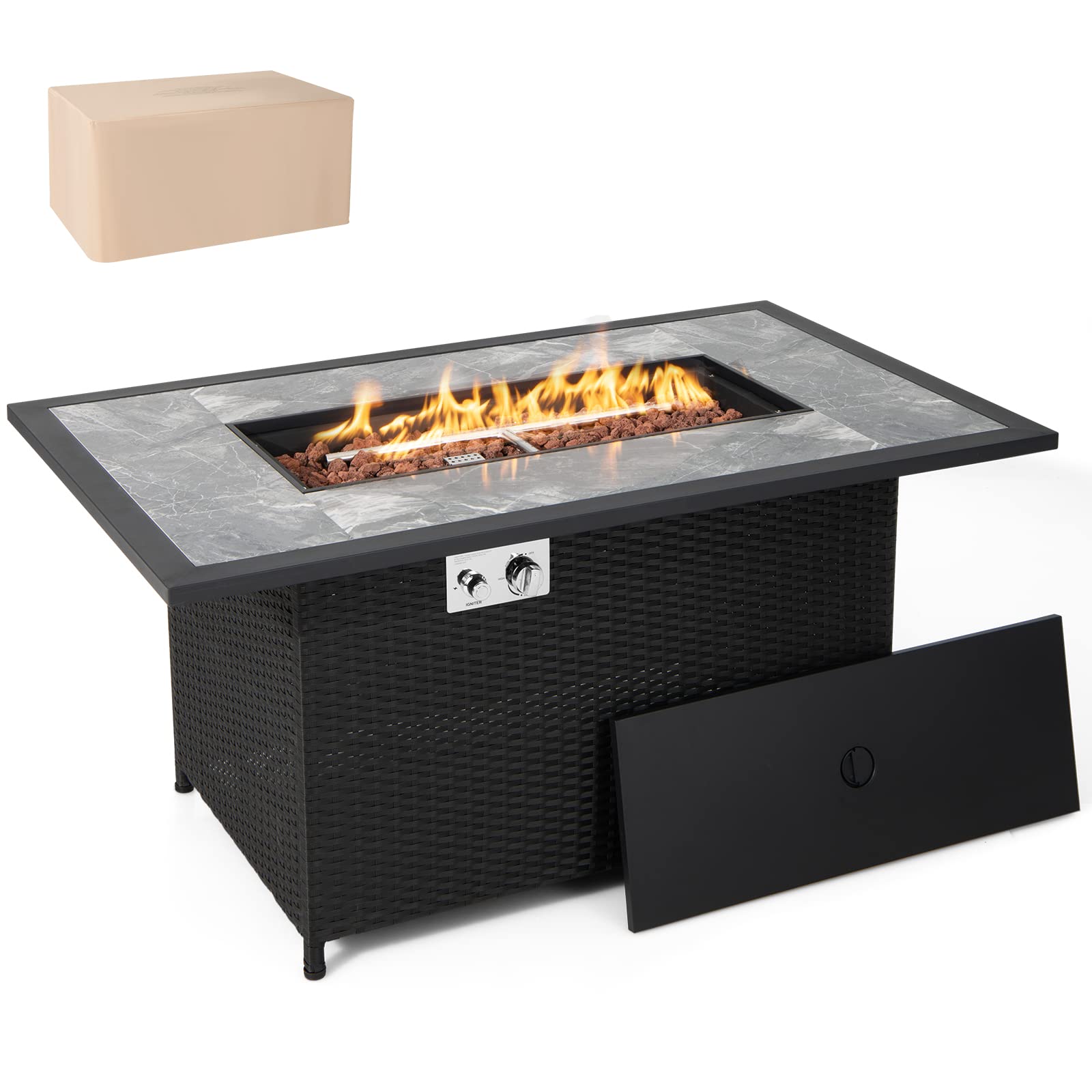 Tangkula 52 Inches Wicker Patio Propane Fire Pit Table, Patiojoy 50,000 BTU Outdoor Gas Fire Table with Auto-Ignition, Hideaway Tank Holder, Marble Tabletop, Lava Rocks, Protective Cover and Lid