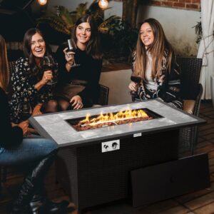 Tangkula 52 Inches Wicker Patio Propane Fire Pit Table, Patiojoy 50,000 BTU Outdoor Gas Fire Table with Auto-Ignition, Hideaway Tank Holder, Marble Tabletop, Lava Rocks, Protective Cover and Lid