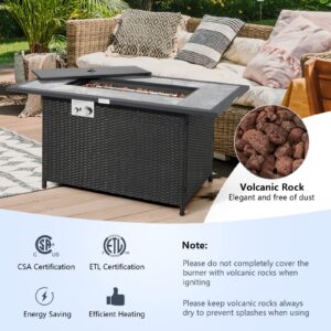 Tangkula 52 Inches Wicker Patio Propane Fire Pit Table, Patiojoy 50,000 BTU Outdoor Gas Fire Table with Auto-Ignition, Hideaway Tank Holder, Marble Tabletop, Lava Rocks, Protective Cover and Lid